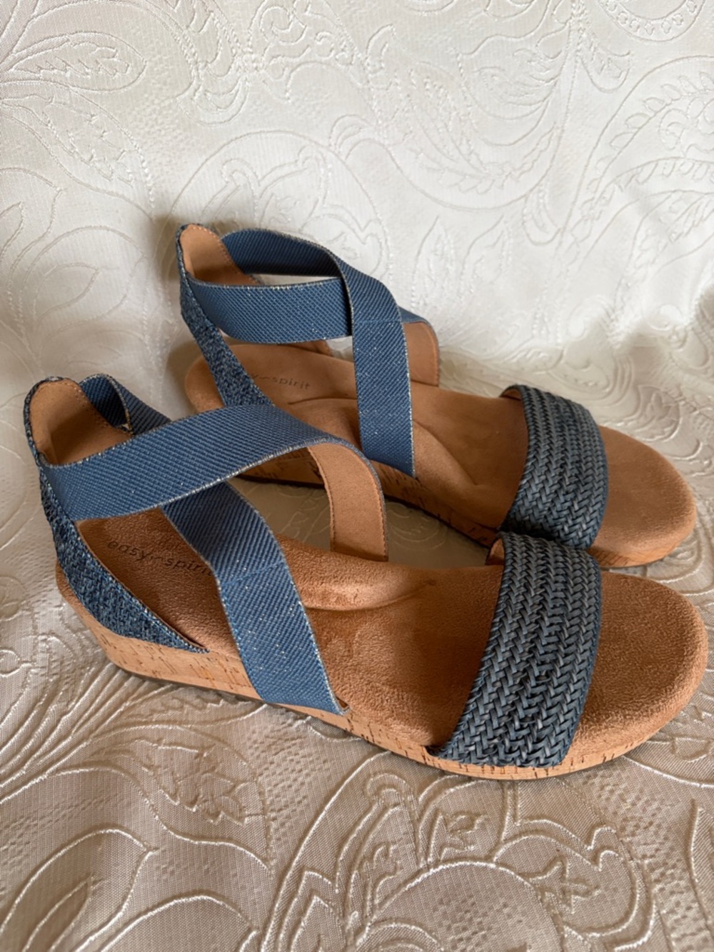 Easy Spirit Denim Blue Elastic-Strap Wedge Sandals